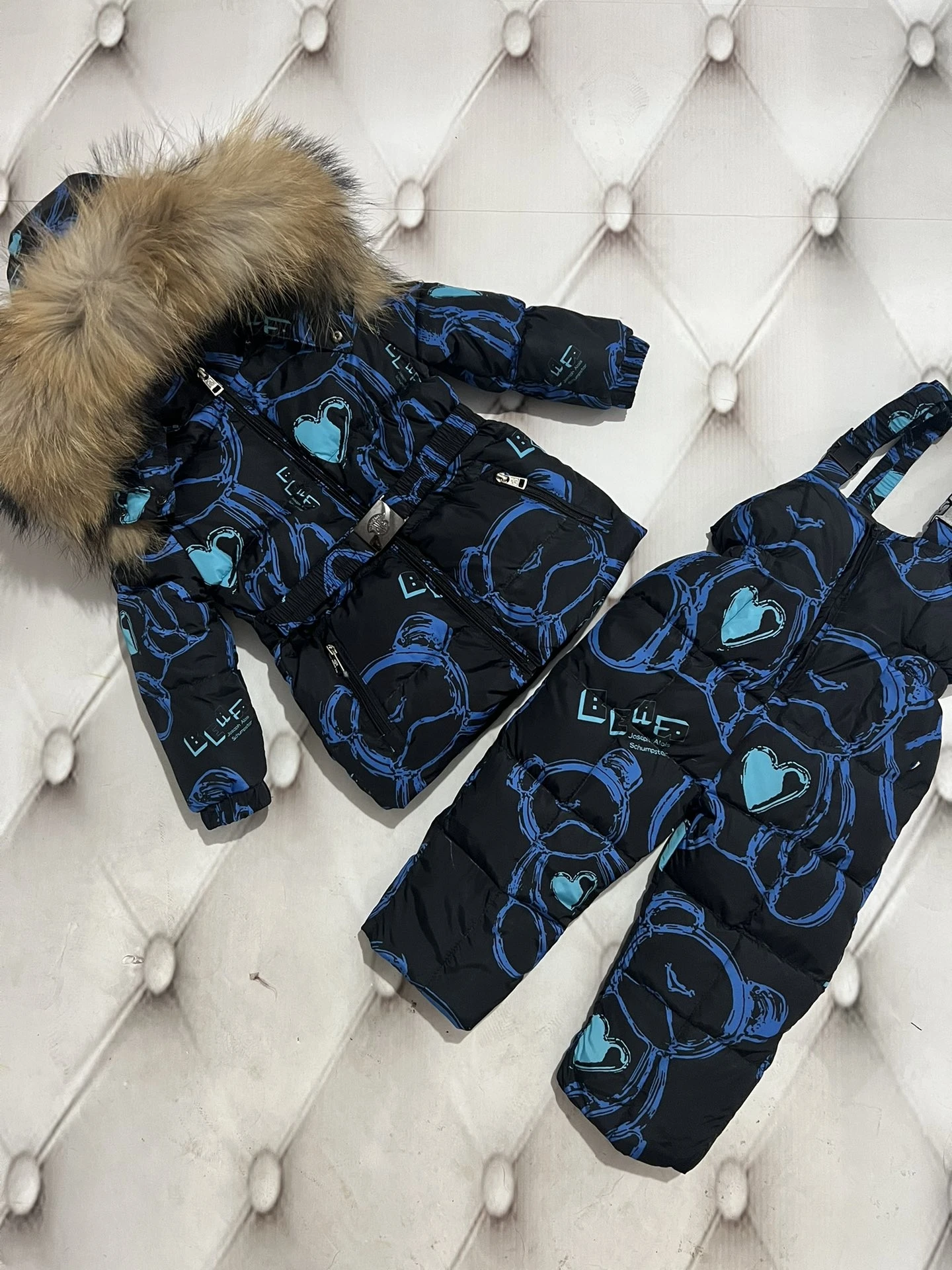 Bear New Winter Jacket Children down Jackets Pant 2023 Child duck down Fur hooded girl snowsuit boy Suit set outerwear ski suit