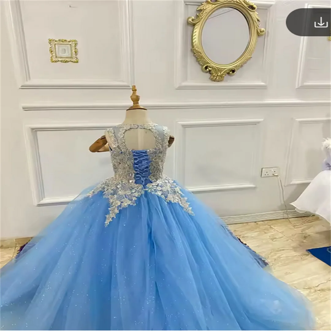 Sky Blue Flower Girl Dresses Customized Children Birthday Party Gowns Shiny Tulle Bling Bling Lace Appliqued Girls Photos