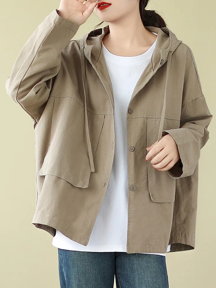 Women Long Sleeve Hooded Jackets New 2023 Autumn Korean Style Streetwear Solid Color Loose Female Casual Outerwear Coats B3017