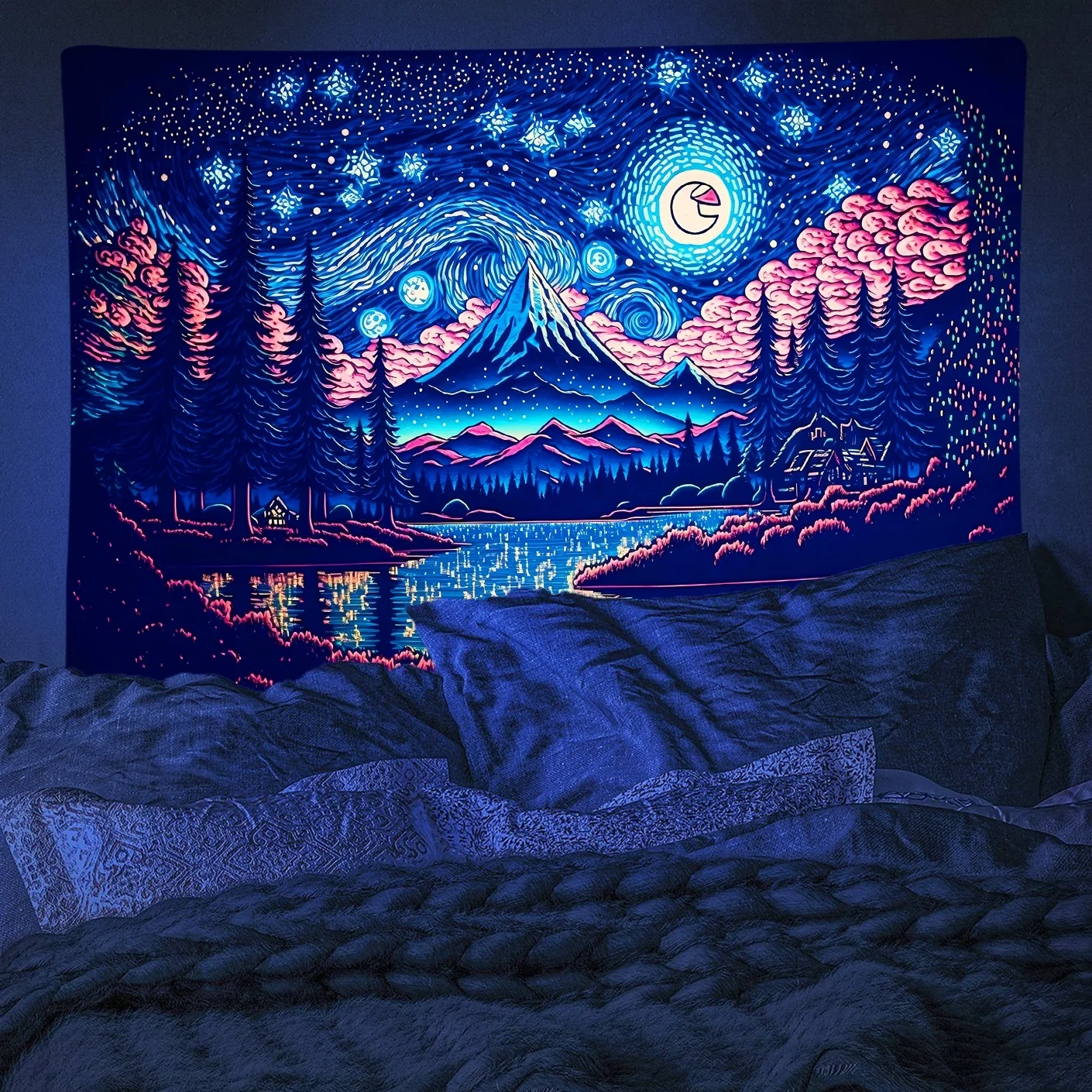 

VIKAMA Starry Sky Mountain View Tapestry Smiling Moon, Snow-Capped Mountains, Forest Pattern Feature Wall Theme Decor