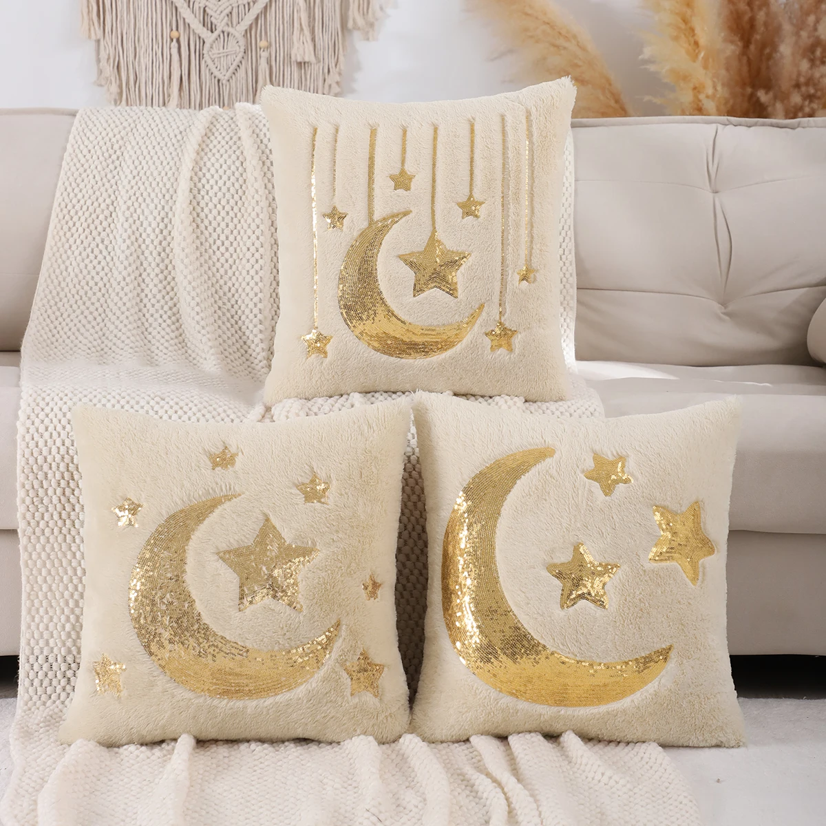 1 PC Ramadan Decoration Throw Pillow Cover Plush Sequin Embroider Moon Stars Home Sofa Decoration