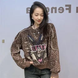 Cartoon Pattern Diamonds Hoodie Women Vintage Clothes Leopard Print O Neck Pullover Knitwear Casual Tops Loose Sweatshirts