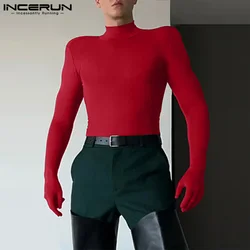 Fashion Casual Style Tops INCERUN New Men's Deconstruction Shoulder Thimble T-shirts Male Sexy Solid Long Sleeved Camiseta 2024