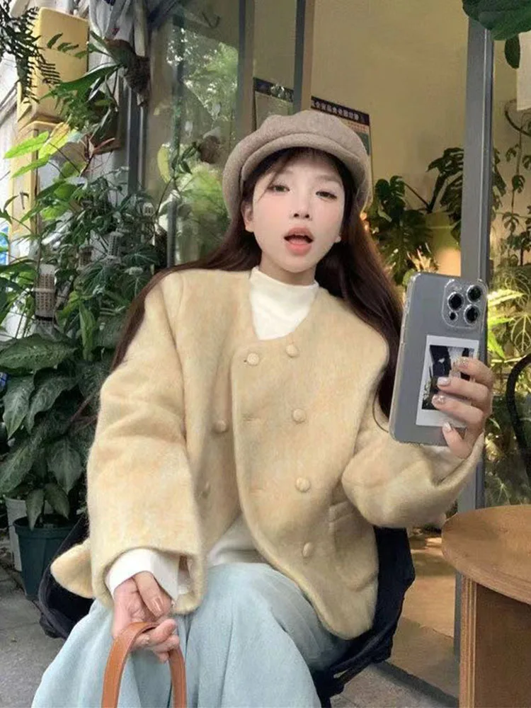 

Thickened Woolen Coat Short Style Women's Fashion Small Size Autumn Winter New Arrival Commute Style round Neck Button up Coat