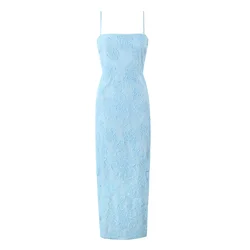 Sexy Embroidery Lace Low Chest Midi Long Sling Dress Back Slit Hem Package Hips Backless Party Robe White Blue