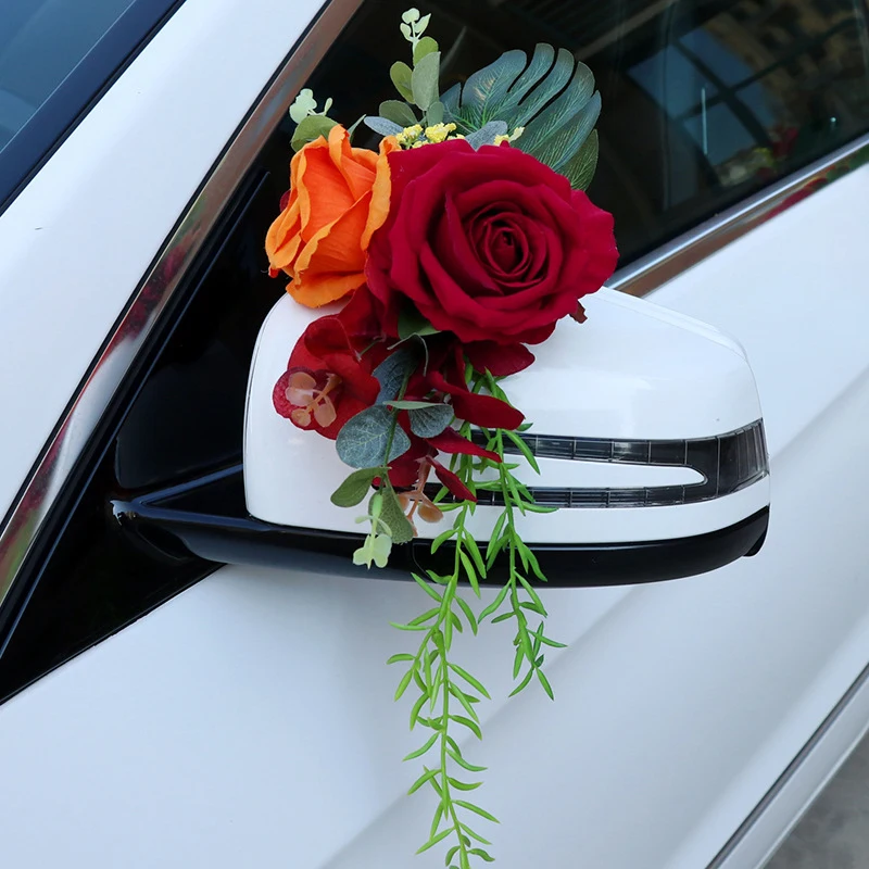 1pc Creative Wedding Car Decoration Flower Door Handles Rearview Mirror Decorate Artificial Flower Accessories Marriage Props