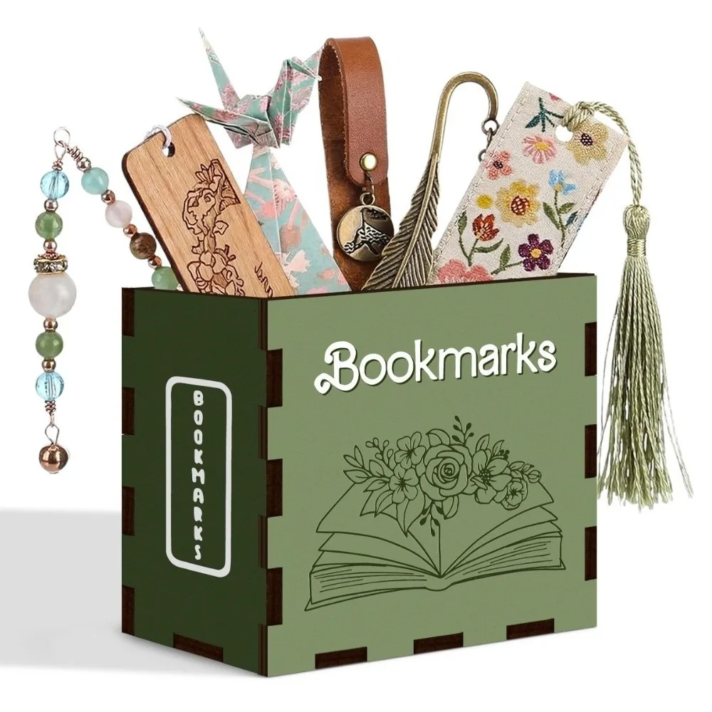 Wood Bookmark Storage Box Printed Pattern Compact Desktop Storage Box Book Shaped Pen Container Home Office Decor