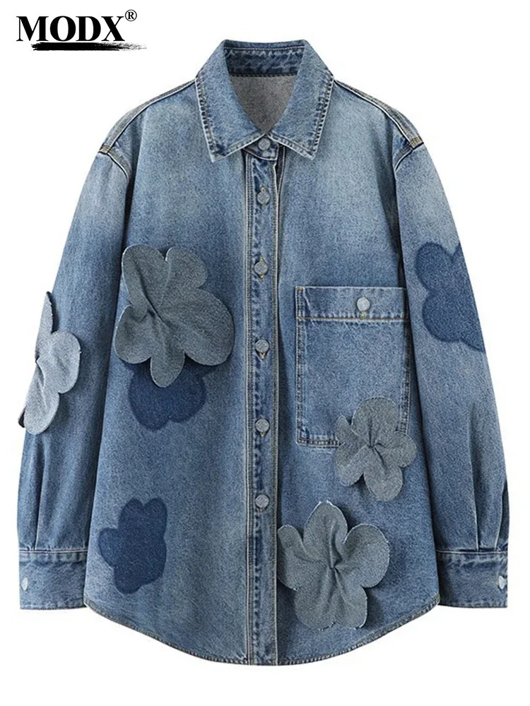 

[MODX] 2024 Spring Fashionable Light Luxury Three Dimensional Flower Denim Shirt Jacket For Women, With A Sense Of Luxury,