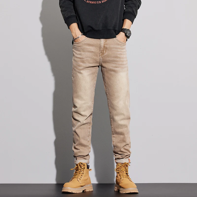 

American Vintage Premium Men's Jeans - Trendy Khaki Stretch Slim Fit Versatile Casual Denim Pants for Autumn/Winter
