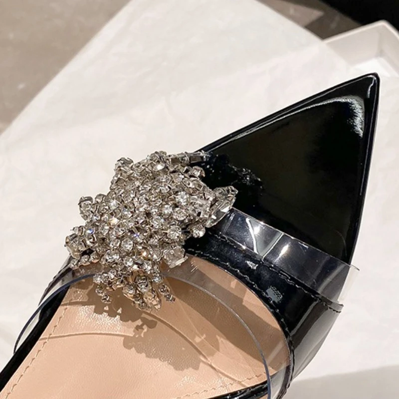 Women's Rhinestone Mules, Black Patent Leather High Heel Sandals with Transparent Strap, Pointed Toe Stiletto for Party Wedding