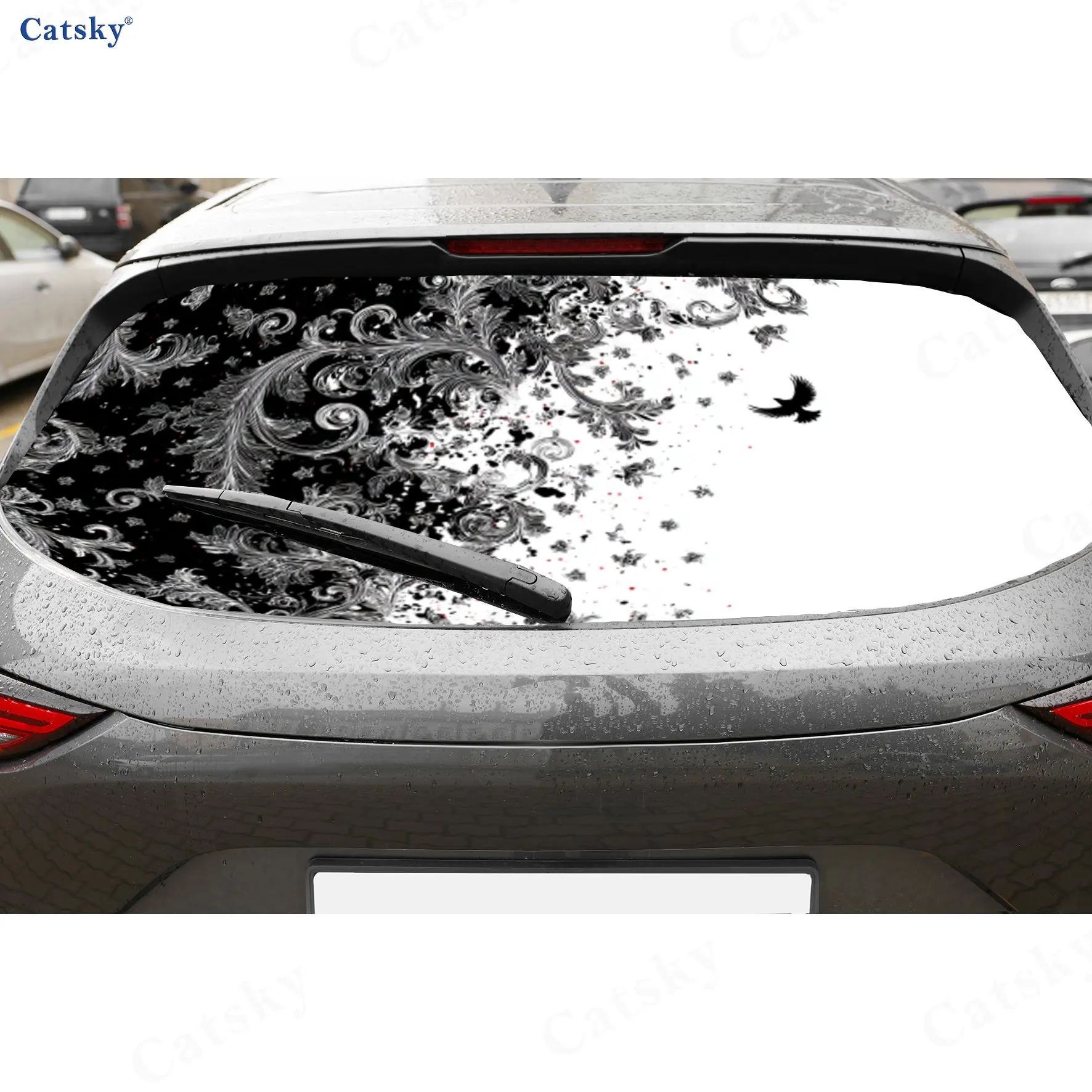 Black & White Ink Splatter Floral Bird PVC Perforated Car Rear Window Vinyl Wrap, Durable Waterproof Car Rear Windshield Sticker