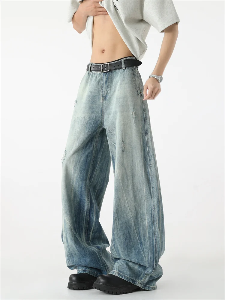 

American Design Curved Knife Jeans Men's Straight Loose Long Pants Summer Casual Faion Slimming Baggy Trousers