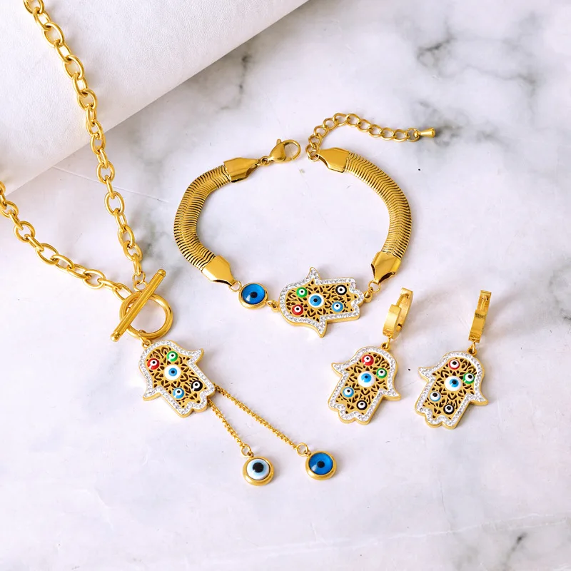 Lucky Fatima Hand Stainless Steel Bracelet Earrings Necklace Khamsah Miriam Hand Charm Wristband Collar Fashion Jewelry Set Gift