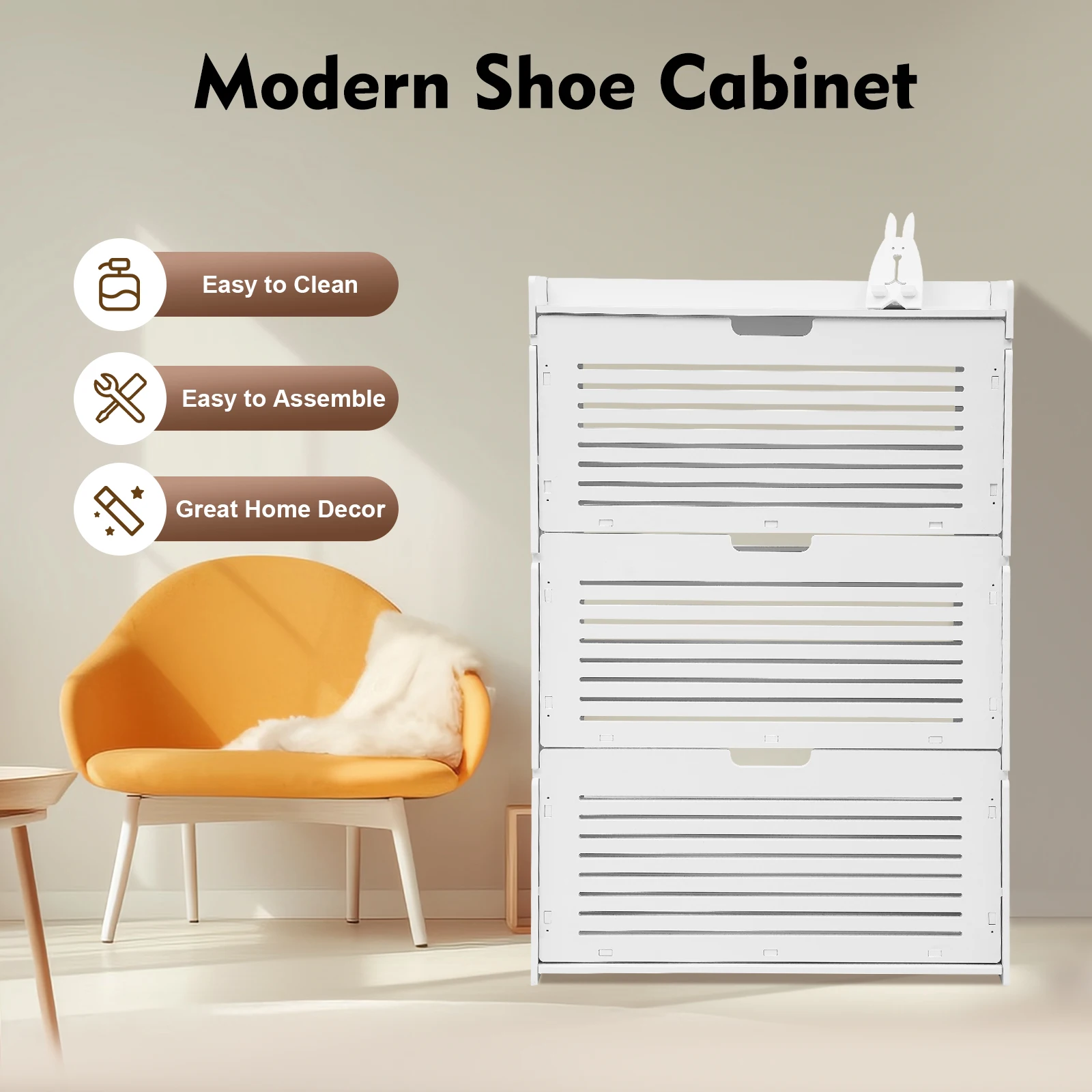 

BYMAOCAR Modern White Shoe Storage Cabinet, 3-Tier Ultra-Thin Tipping Shoe Organizer, W/ Louvered Doors (27.56x6.69x42.91")