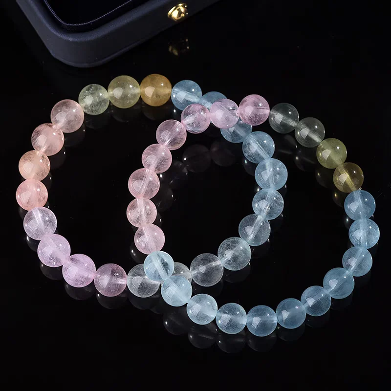 Natural Colorful Morganite Quartz Bracelet 8mm Clear Round Beads Blue Pink Morganite Stretch Gemstone Women Men AAAAAAA