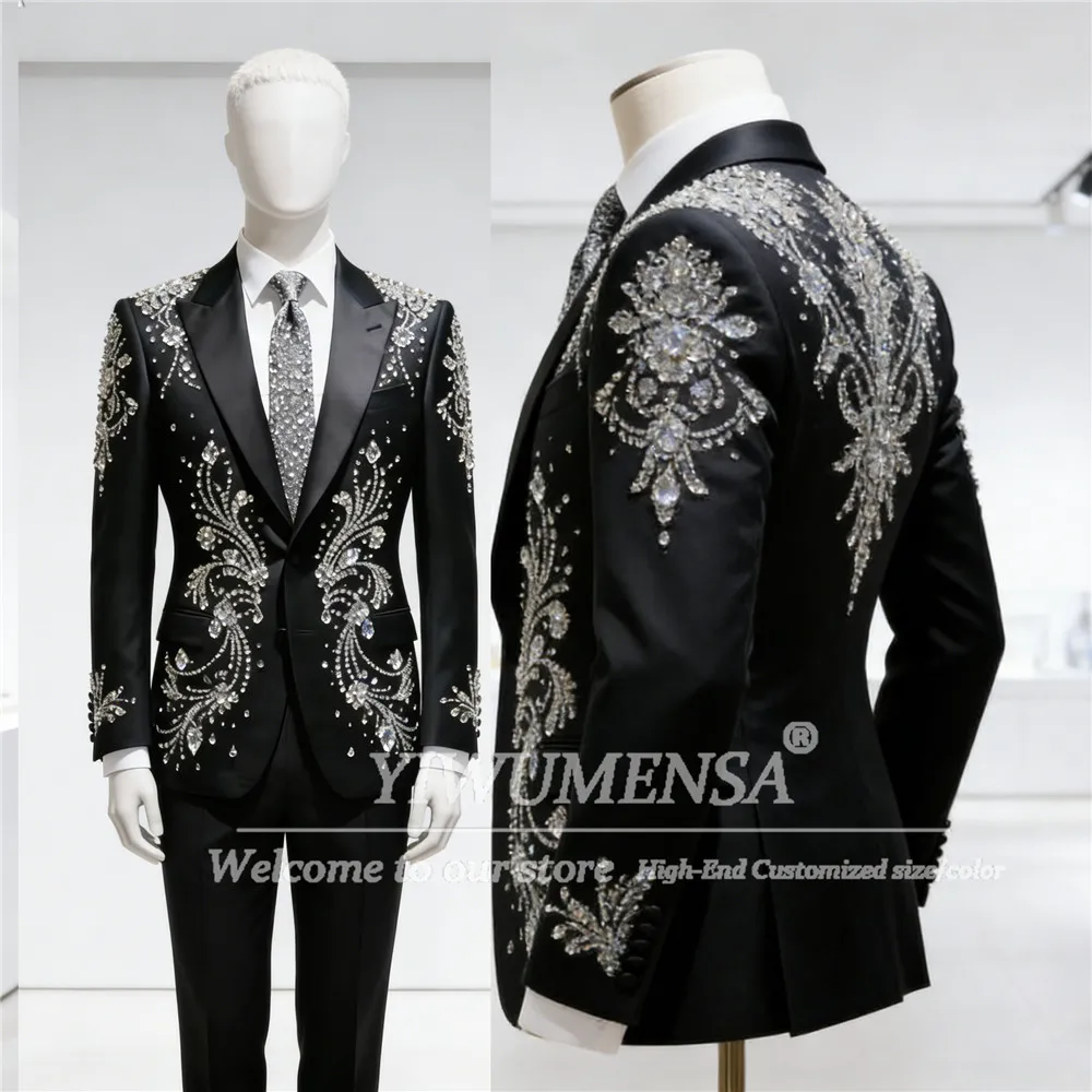 

Мужской костюм со стразами и бисером, комплект из 2 предметов, однобортный пиджак, брюки, свадебные смокинги для жениха, мужской костюм для банкета, Terno Masculino