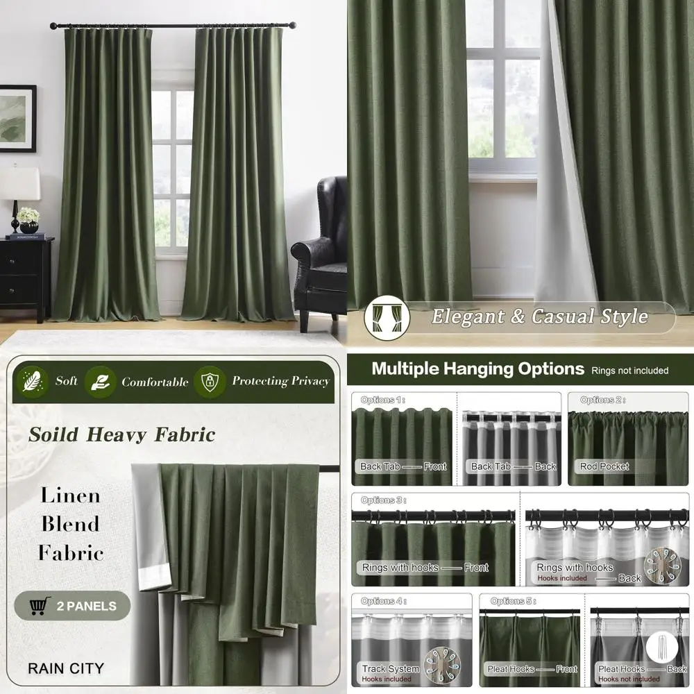 

Длинные светонепроницаемые шторы 120 дюймов для карниза 10 футов, современные плиссированные драпировки с крючками, 50x120 см, цвет лоден/оливковый зеленый