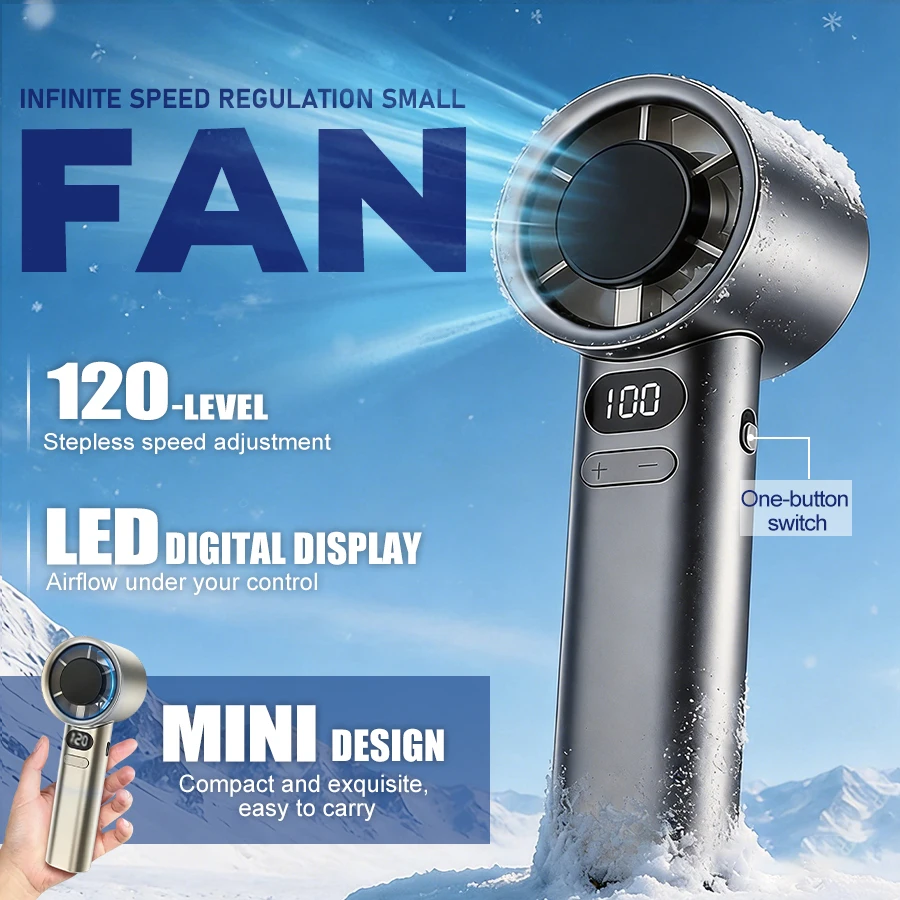 Mini-Handventilator, 120 stufenlose Geschwindigkeiten, LED-Anzeige, 1800 mAh wiederaufladbar, tragbarer USB-Ventilator für Reisen, Outdoor, Büro