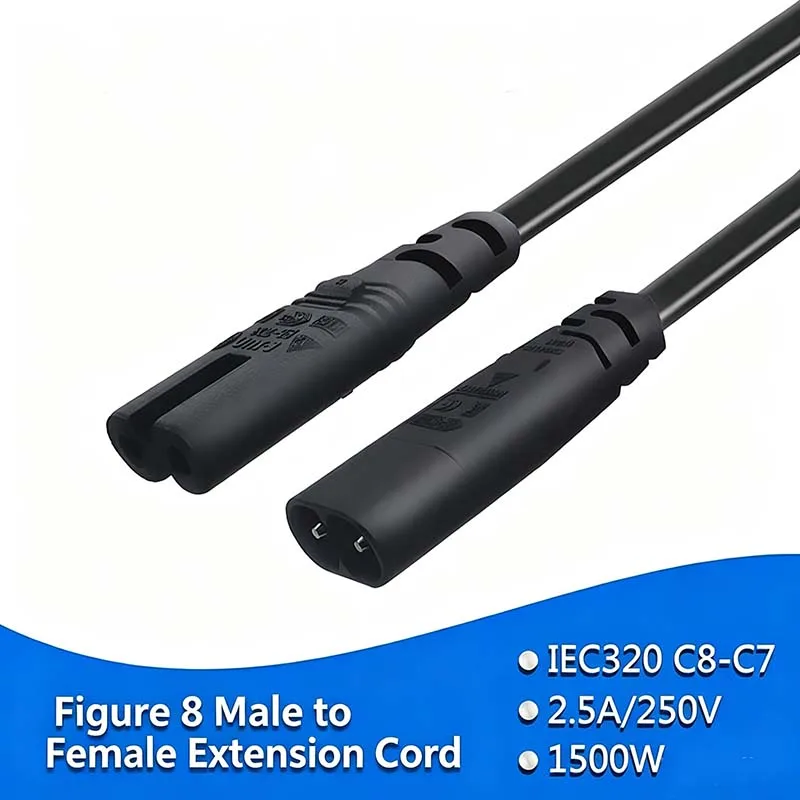 2PCS C7 to C8 AC Power Extension Cord, 2‑Pin Figure 8 Power Cable for LCD TV, Camera, Desk Lamp, Speaker Digital Camera