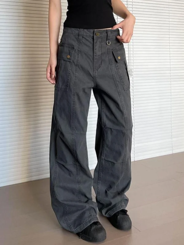 American Retro Multi-Pocket Work Pants Men's Straight Leg Micro Flared 3D Slim Washed Casual Versatile Long Trousers Trendy