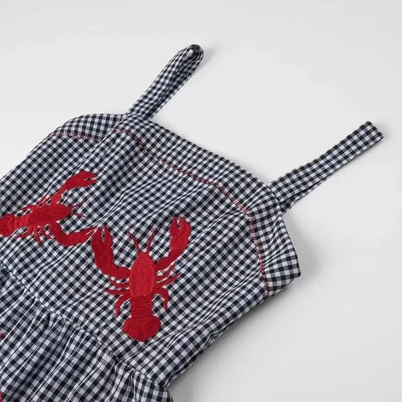 Robe longue à carreaux pour femmes, broderie d'écrevisses, à volants, sans manches, robe de plage, de vacances, décontractée, mi-longue, été, ZBZ8