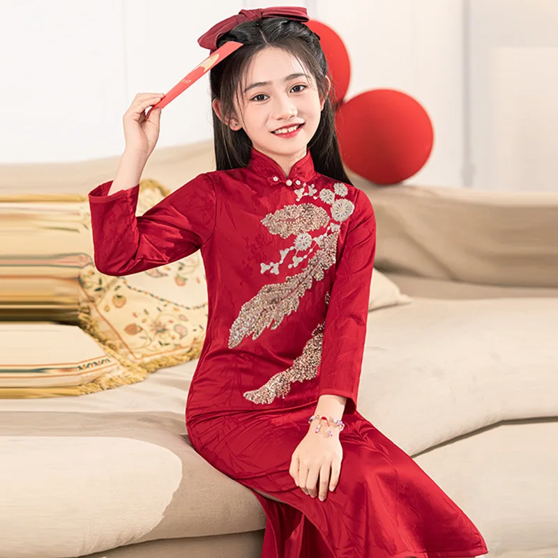 

Girls' Red New Chinese Style Cheongsam Little High-end Wedding Flower Girl Dress Spring Children's Guzheng Performance Cost