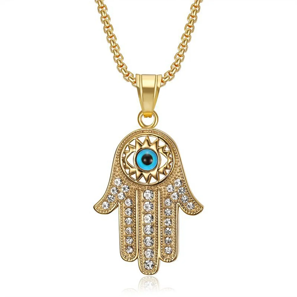 

Hip Hop Iced Out Hamsa Hand of Fatima Pendant Gold Color Stainless Steel Evil Eye Necklaces for Men Women Turkish Jewelry Gift