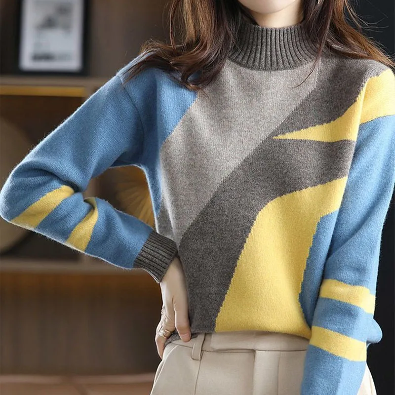 Fashion Elegant Patchwork Sweaters Women\'s Clothing Autumn Winter Female Korean Half High Collar Long Sleeve Knitted Pullovers