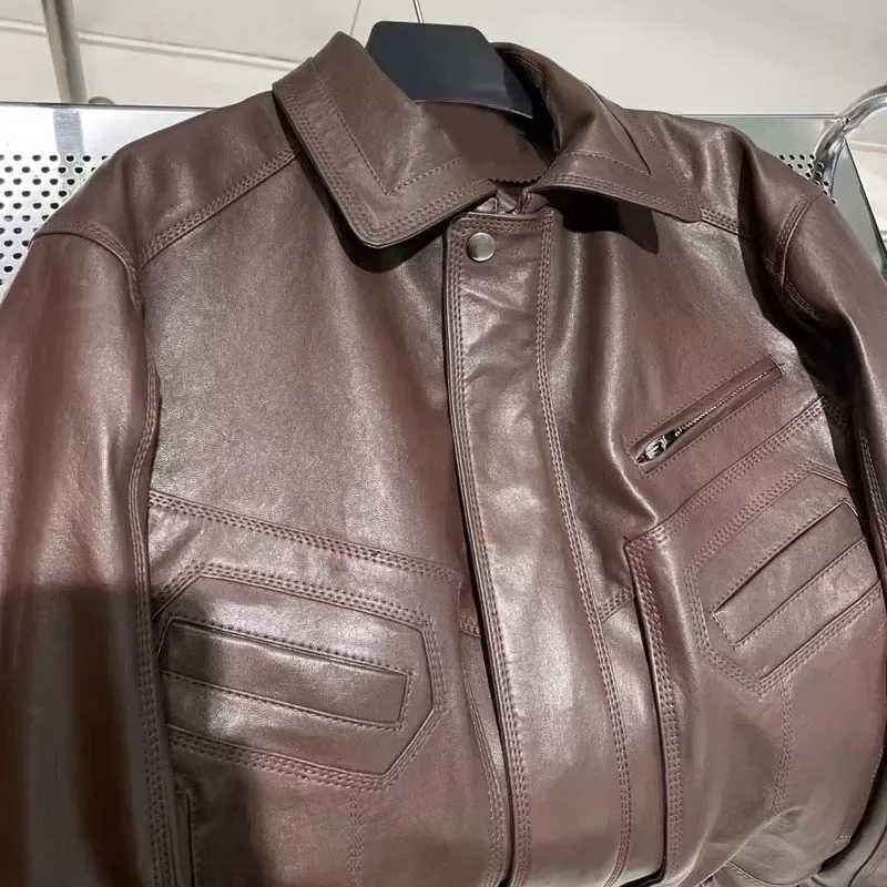 Veste de luxe en cuir véritable à manches longues pour femmes, manteau de haute qualité, poche, fermeture éclair, style décontracté, printemps, automne, nouveauté, 2025