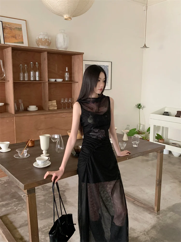 CHEERART Goth abito Lonng in rete nera senza maniche per donna estate 2024 See Through Split Tank Dress Fashion Clothes