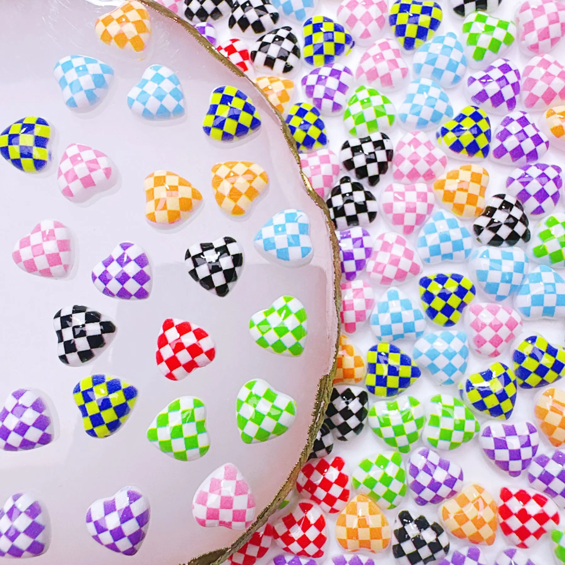 100Pc Korean Ins Style Plaid Heart Nail Charms Macaron Dual-Tone Resin Press-On Nail Decor Versatile Kawaii Manicure Accessories