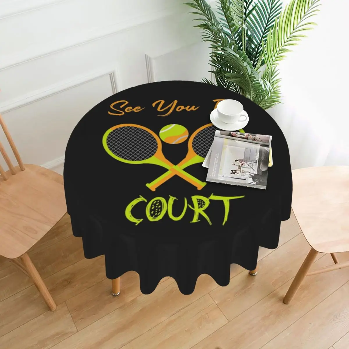 See You In Court Tennis Lover Waterproof Round Tablecloth Oilproof Table Cloth for Kitchen Events Dining Table Cover 60 inches