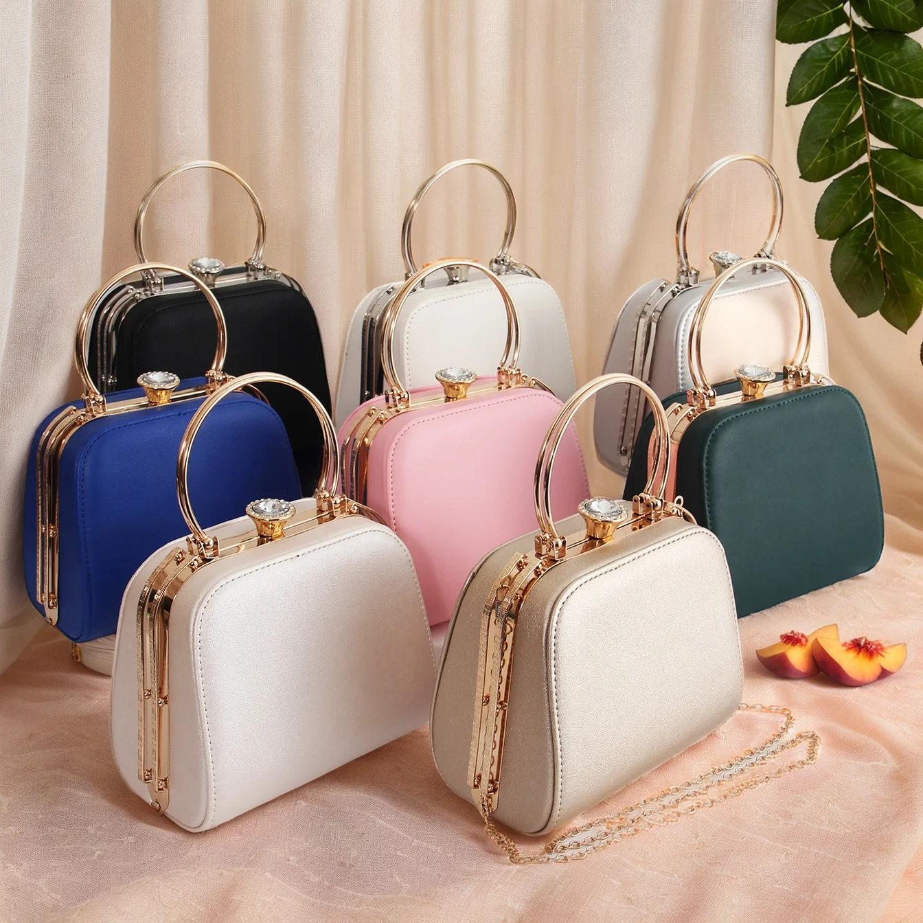 Ladies Elegant Solid Color Evening Bag, Fashion PU Handbag, Rhinestone Lock Buckle, Hundred Shoulder Crossbody Bag with Chain