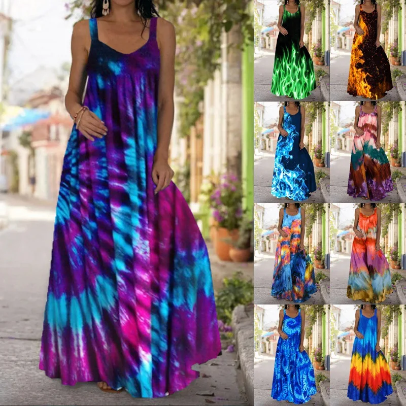 

Summer New Tie Dye 3D Swirl Print Dress Bohemian Sling Off Shoulder Women's Dress Fashion Casual Party Clothing Dresses Lady