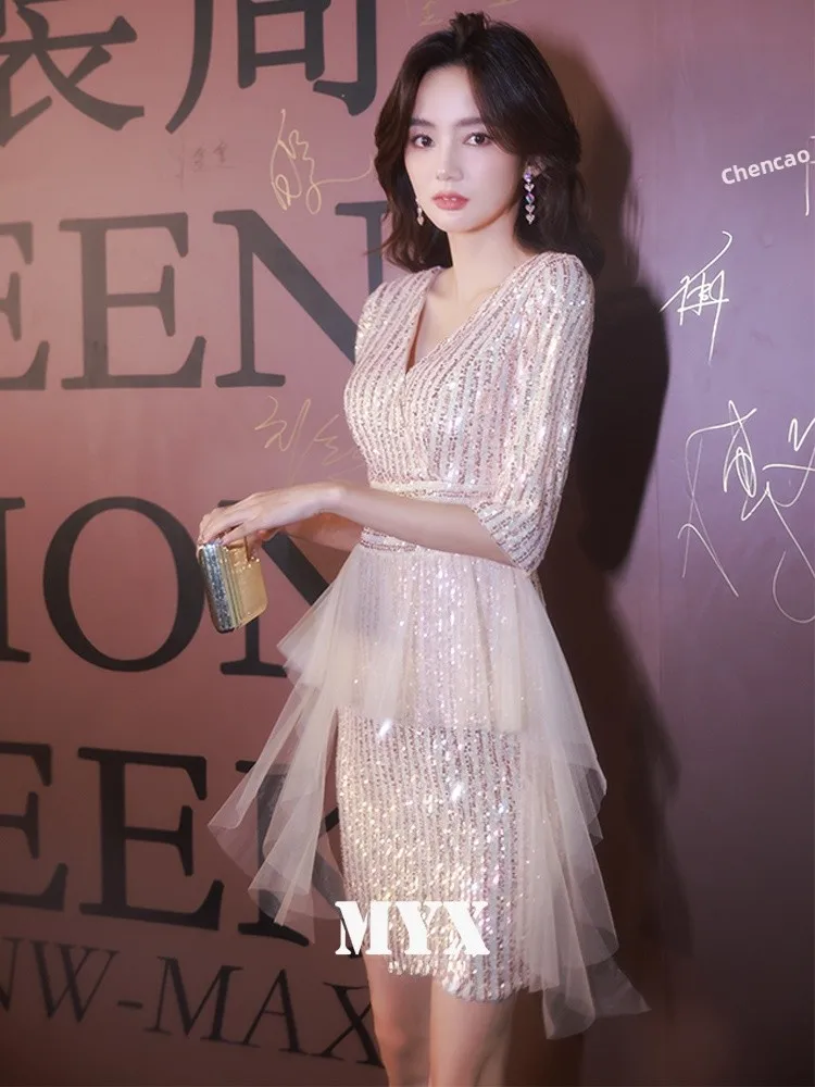 

Ele Sequin Evening Dr Women's Faionable Ball Gown Lightweight Luxury ort Dr Korean Sle V-Ne Five Sve