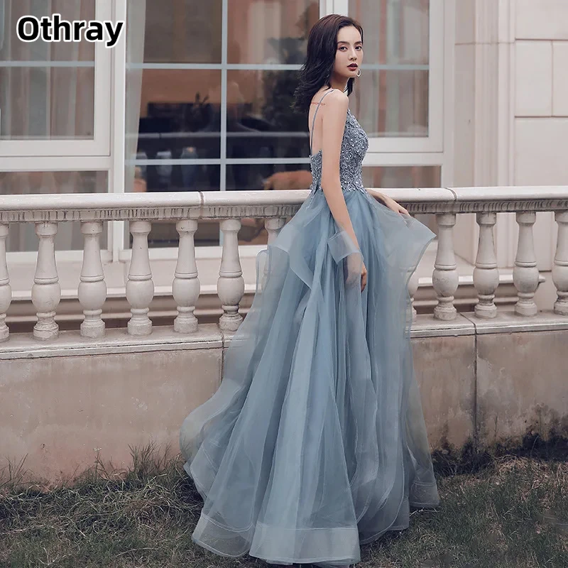 Othray A-Linie Abendkleid, sexy Spaghettiträger, bodenlang, ärmellos, Spitzenapplikationen, Perlen, Partykleid, individuelle formelle Kleider