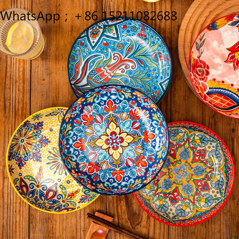 LLY Bohemian style round ceramic plate, creative household tableware, high value steak fruit dessert plate