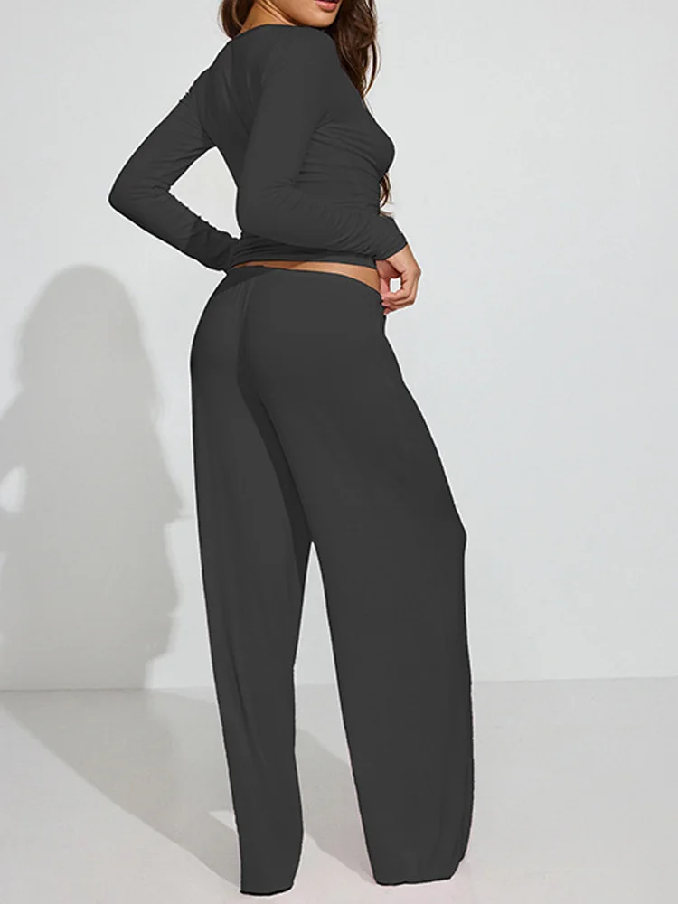 Casual Womens Two Piece Loungewear Set 2026 Autumn Fashion Button Up Cropped Pullover Top and Drawstring Wide Leg Pants Outfits