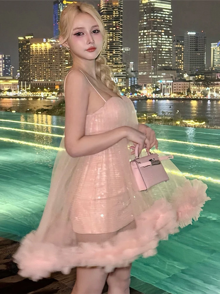 Cutenew sexy malha lantejoulas retalhos vestido feminino doce em camadas sem mangas baixo pescoço meia-noite festa clubwear hottie chique bodycon