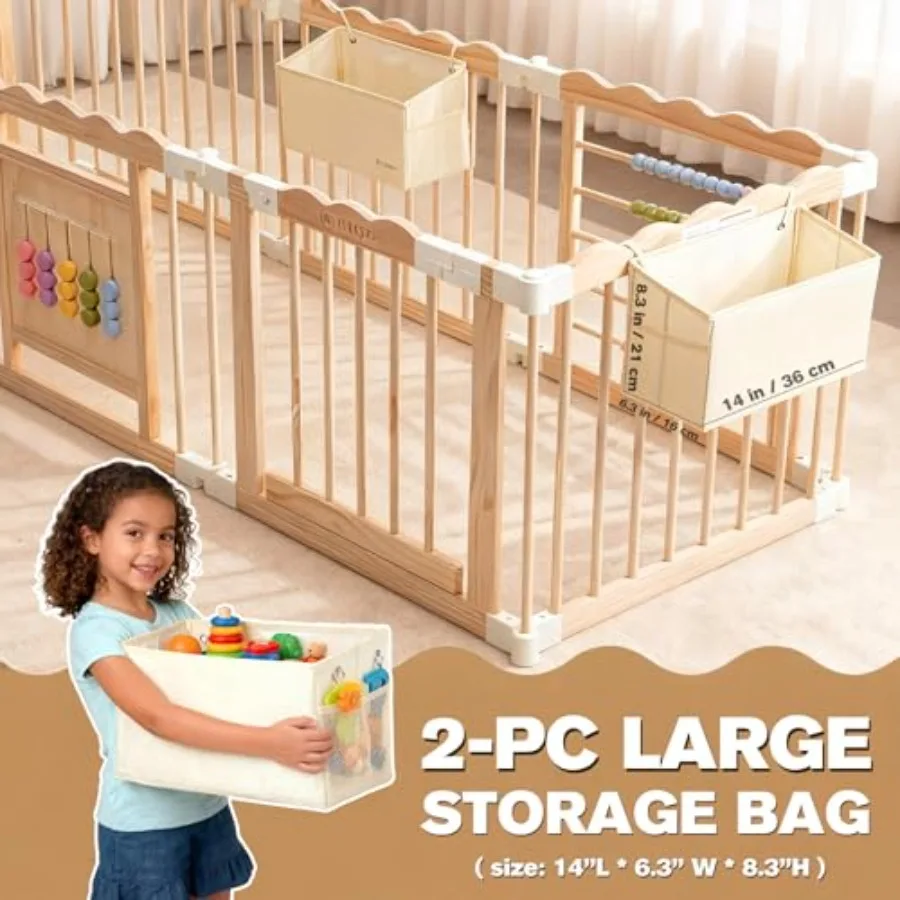 روضة أطفال 57 × 57 × 25 مقاس قابل للتعديل وشكل روضة أطفال خشبية مع أكياس تخزين من خشب الصنوبر الطبيعي قابلة للطي P