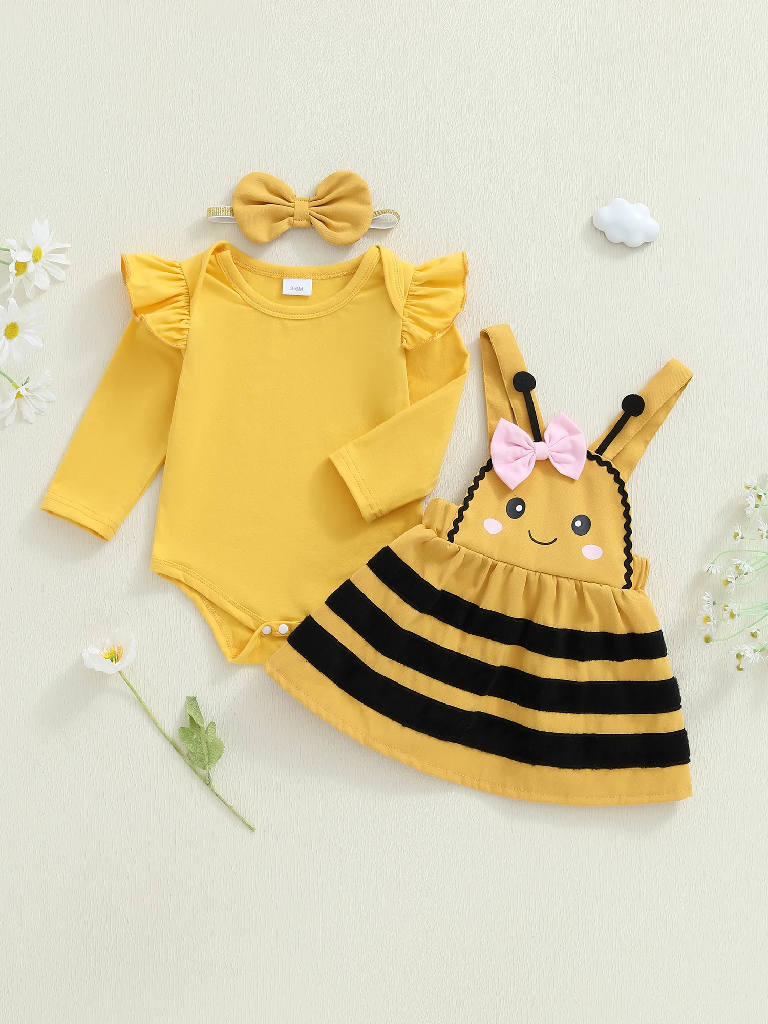 

Комплект одежды из 3 предметов для маленьких девочек, комбинезон с длинными рукавами и цветочным принтом, юбка на подтяжках с рюшами, комплекты с повязкой на голову с бантом для маленьких девочек