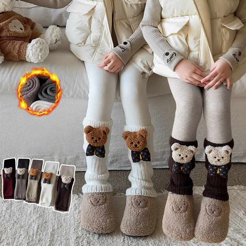 

Baby Girls Fleece-lined Leggings Bear Thickened Pants Winter Korean Children's Tights Bottoms Elementary Student Girl Clothes