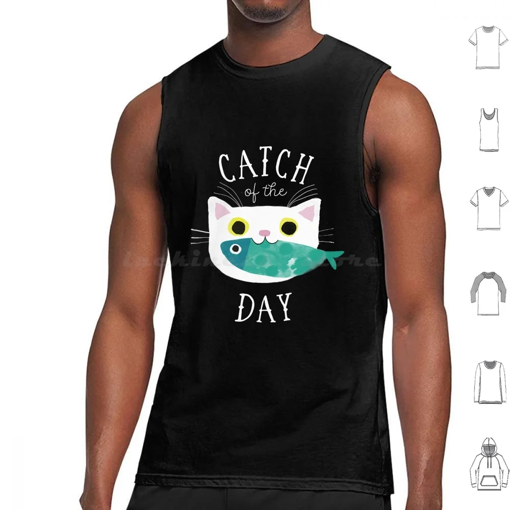 Catch Of The Day Tank Tops Print Cotton Cat Kitty Cat Art Cat Love Cute Wholesome Happy Angie Rozelaar Planet Cat Whie Cat