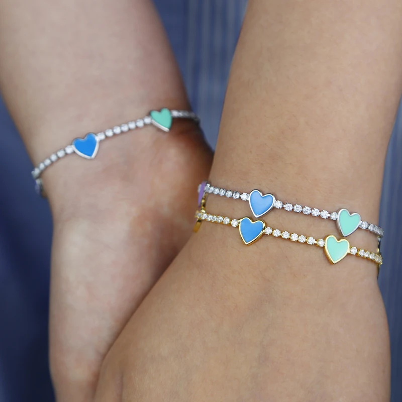 Pastel Enamel Heart Charm 2mm CZ Tennis Chain Colorful Summer Girl Women Hot Selling Fashion Bracelet