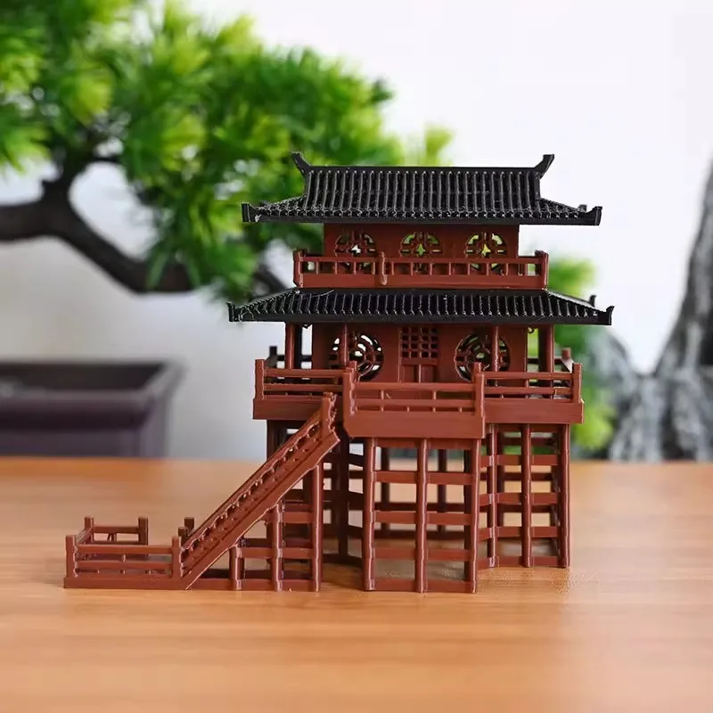 Handmade 3D Printed Ancient Chinese Landscape Decor - Two-Tiered Stilted Pavilion ，for Fish Tank/Terrarium/Bonsai Tree Display