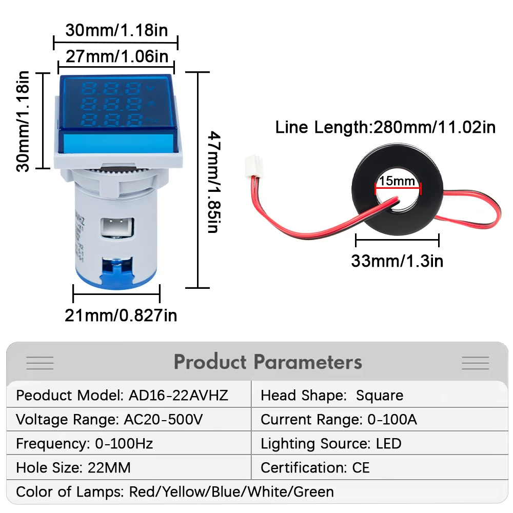 Square LED Digital Voltmeter Ammeter Hertz Meter AC20-500V Signal Lights Voltage Current Frequency Combo Meter Indicator Tester
