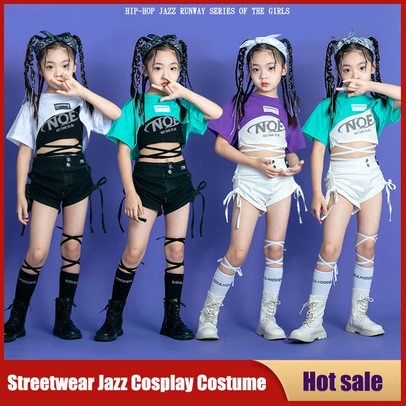 Kids Jazz Dance Dress Fashion Model Open Umbilical Suit Girl Hip Hop Dancing Costumes Teenage Streetwear Performance Outfits