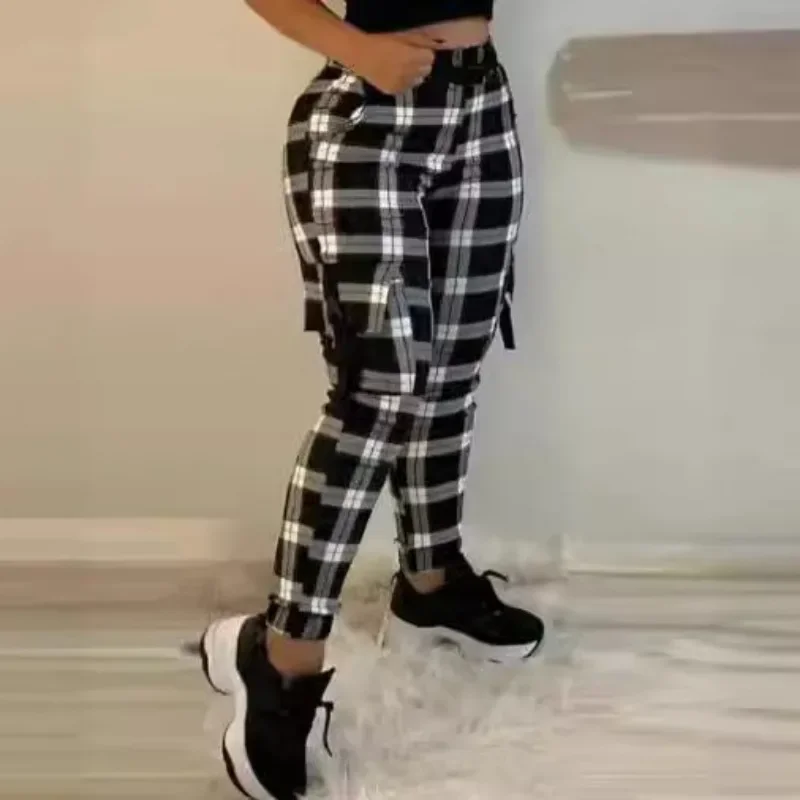 Mandylandy Fashion Cargo Pants Women Summer Slim Fit Black Pattern Comfort and Casual Pencil Pants Tapered Overalls Trousers