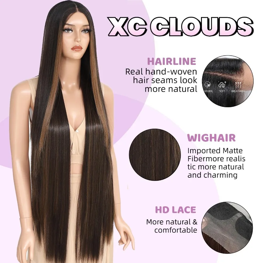 Parrucca sintetica per capelli lisci da 40 pollici marrone Skunk con parte anteriore in pizzo per le donne Parrucche Glueless HD resistenti al calore 13 × 5 × 1 lunghe prepizzicate