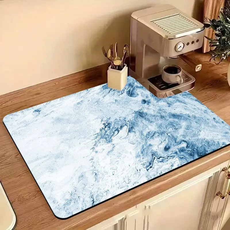 VIKAMA Blue Fluid Marble Coffee Bar Mat Waterproof Oilproof Non Slip Pad Kitchen Coffee Machine Counter Mat